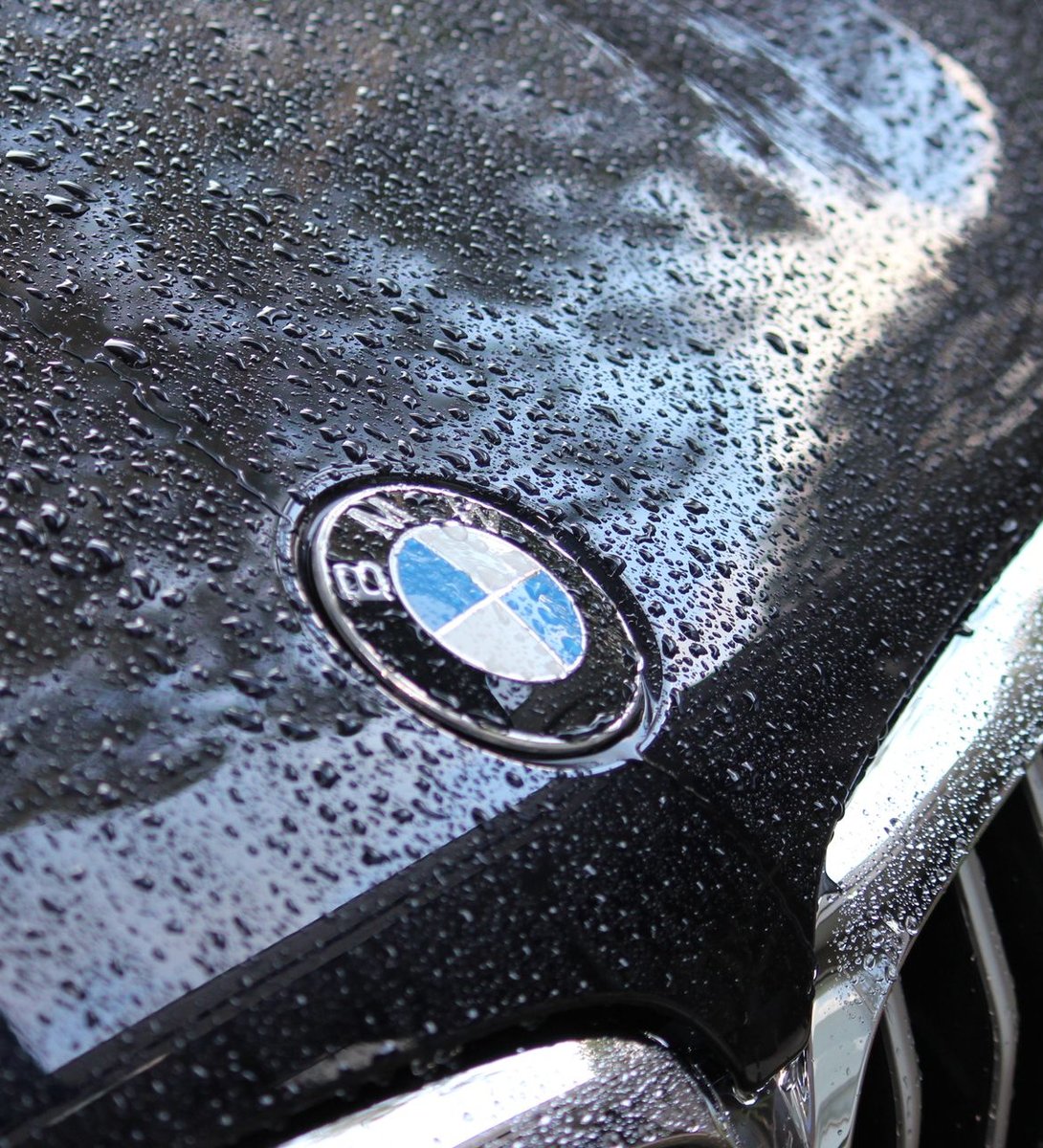 Close-up of water beading on a glossy black car hood, showing a ceramic-coated finish
